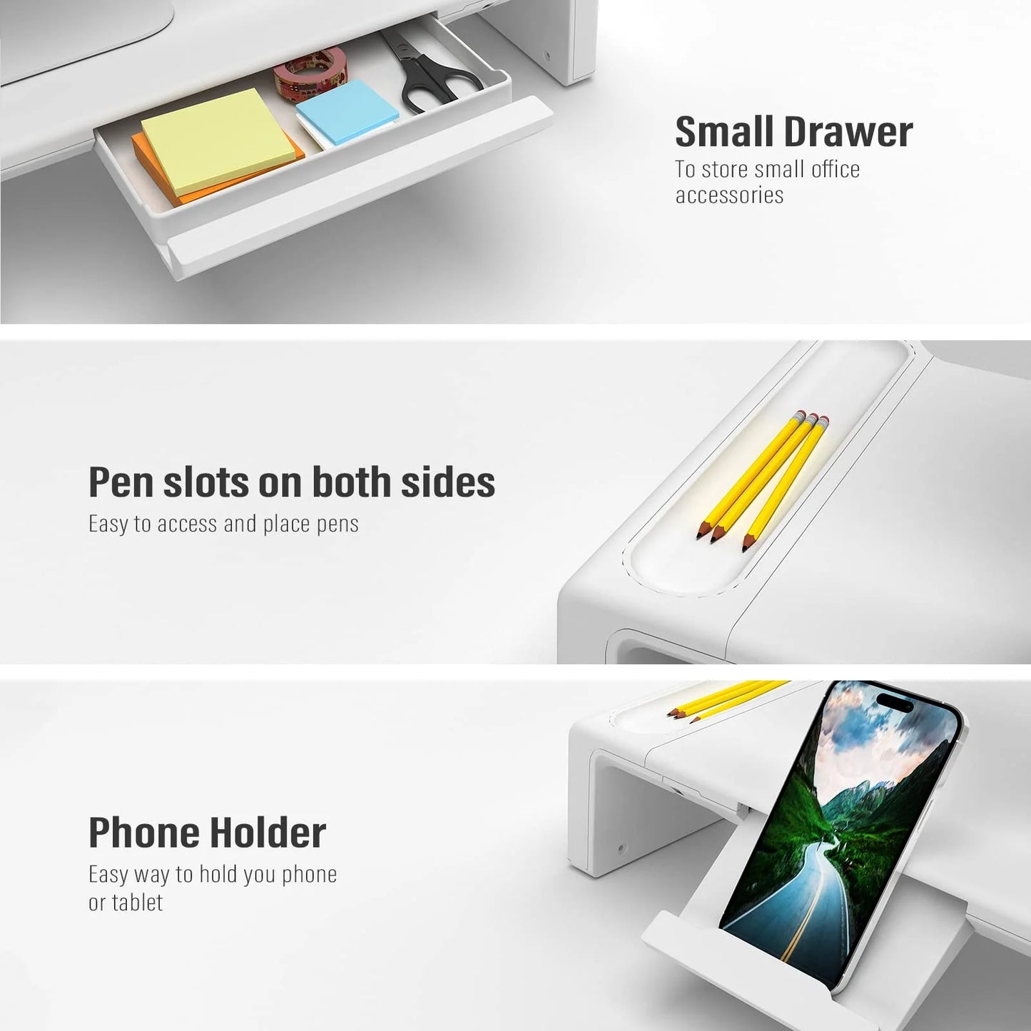 Foldable Computer Monitor Riser, Adjustable Length Computer Stand and Storage Drawer & Pen Slot, Phone Stand Compatible Computer, Desktop, save Space (White)