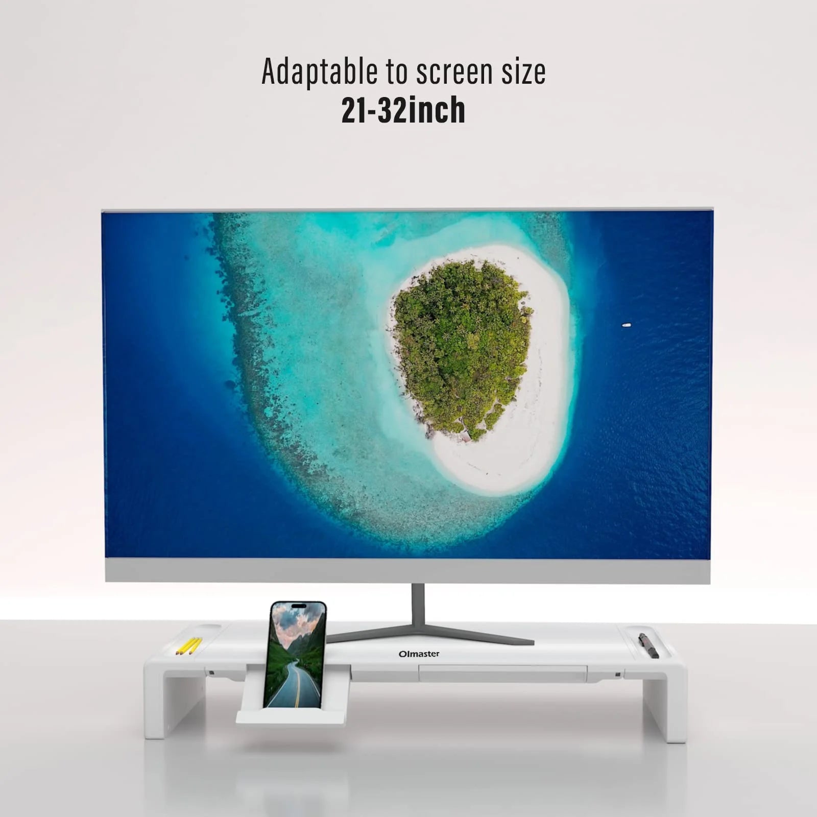 Foldable Computer Monitor Riser, Adjustable Length Computer Stand and Storage Drawer & Pen Slot, Phone Stand Compatible Computer, Desktop, save Space (White)