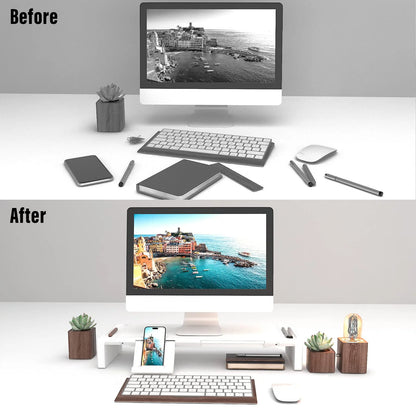 Foldable Computer Monitor Riser, Adjustable Length Computer Stand and Storage Drawer & Pen Slot, Phone Stand Compatible Computer, Desktop, save Space (White)