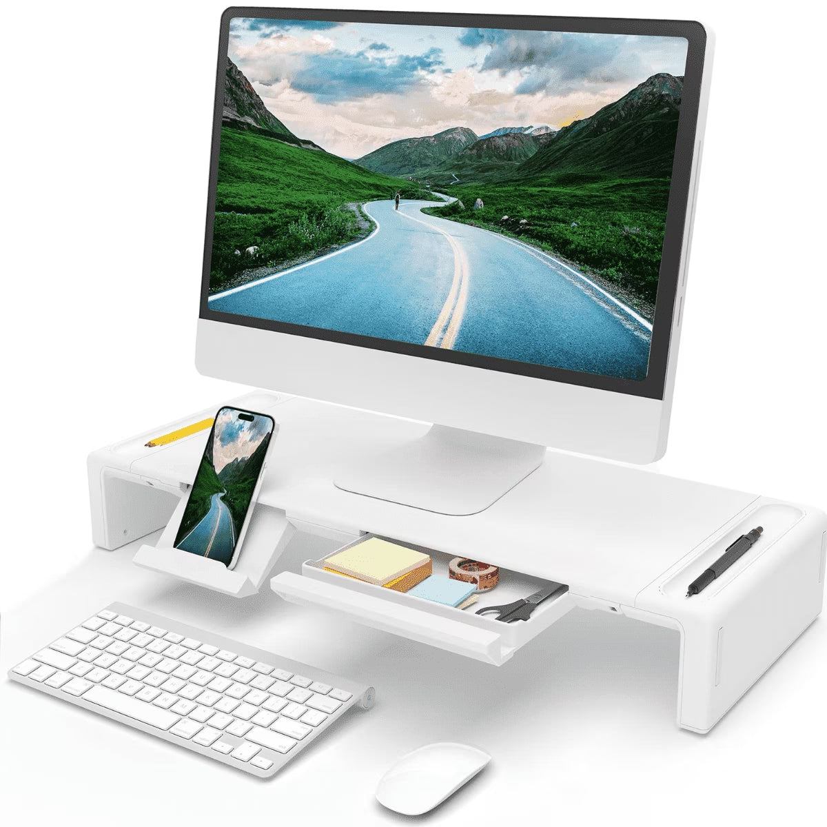 Foldable Computer Monitor Riser, Adjustable Length Computer Stand and Storage Drawer & Pen Slot, Phone Stand Compatible Computer, Desktop, save Space (White)