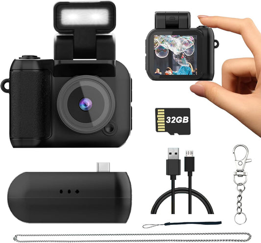 Mini Digital Camera with 32GB Card–Y2K-Style FHD 1080P Mini Retro Camera with Charging Base & Keychain Cameras Design. 1.4" LCD Screen,Vintage Cameras Ultra-Compact, Lightweight–Great Creative Gift.